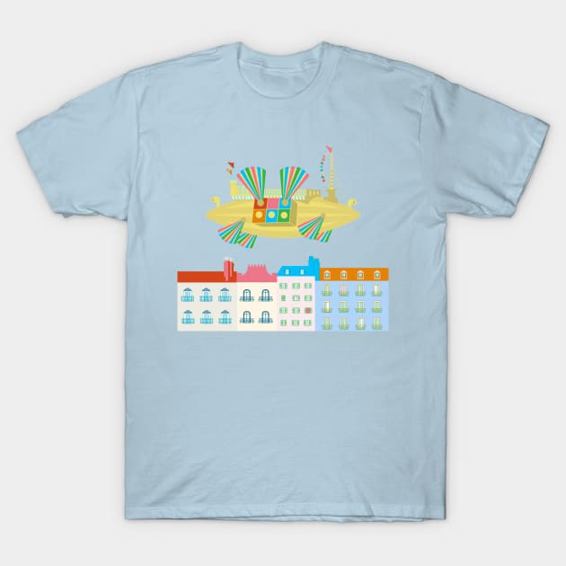 Flapping Fans Dirigible Flying Machine Flying Over City T-Shirt by oknoki